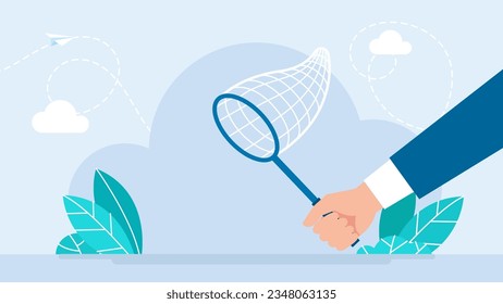 Hand with a butterfly net. Net for catching butterflies with handle. The concept of business search, concentration, perseverance. Businessman. Flat design. Vector illustration 