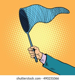 Hand with a butterfly net, pop art retro vector illustration. A tool for catching fish and insects