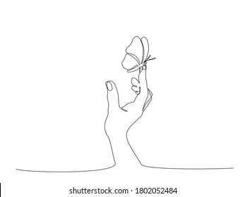 Hand with butterfly on finger. Continuous one line art drawing style. Black linear sketch isolated on white background. Vector illustration