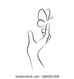 Hand with butterfly on finger. Line art drawing style with different thickness. Black linear sketch isolated on white background. Vector illustration
