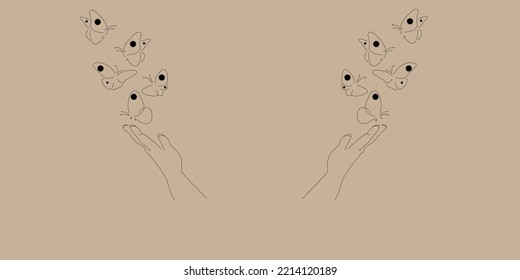 Hand with butterfly on finger. Line art drawing style with different thickness. Black linear sketch isolated on white background. Vector illustration