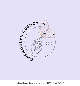 Hand and butterfly. Vector Boho Witch and Magic logo design template in trendy linear minimal style. Symbol for cosmetics and packaging, jewellery, hand crafted or beauty products