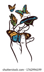 Ilustración vectorial de mano y mariposa