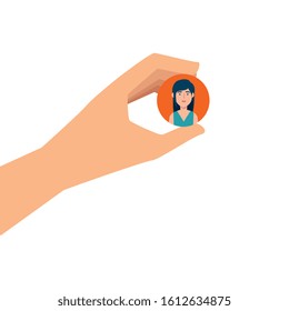 hand and button with face woman isolated icon vector illustration design