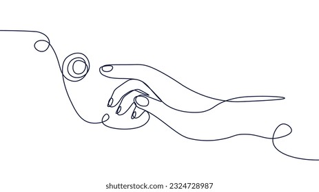Hand with button line concept. Doorbell at entrance to office or apartment. Woman presses button. Minimalist creativity and art. Linear flat vector illustration isolated on white background