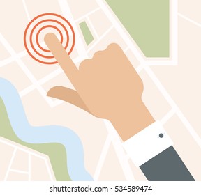 Hand and button on the map
