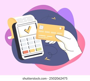 Hand of buyer putting credit card to scanner for payment. Person paying for purchase through wireless terminal, receipt, digital money transfer flat vector illustration. Commerce, transaction concept