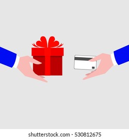 Hand buying red gift box with credit card. Shopping design over grey  background, vector illustration
