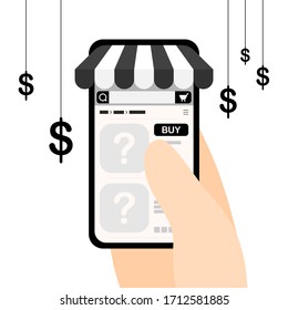 A person’s hand is buying something on online shopping, monochrome color, vector, illustration