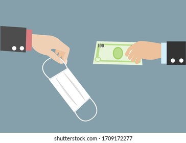 Hand buying surgical face mask from other businessman with expensive price. Idea of shortage of face masks, medical equipments duing COVID-19 corona virus pandemic, prevention and awareness of covid-19