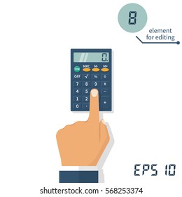 Hand with a calculator. Calculation concept, icon. Businessman, accountant. Flat design, Vector Illustration. Isolated on white background. Element for editing digital values.