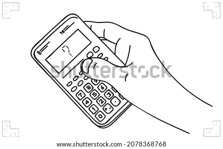 Hand and calculator. Cost calculating. Budget planning. Problem or Finance crisis. Calculation of profit. Task solution. Payment of taxes. Invoices for payment. Sketch, vector