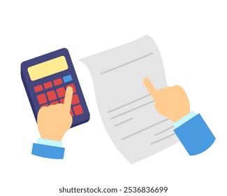 Hand with calculator is counting. Vector simple color flat illustration.