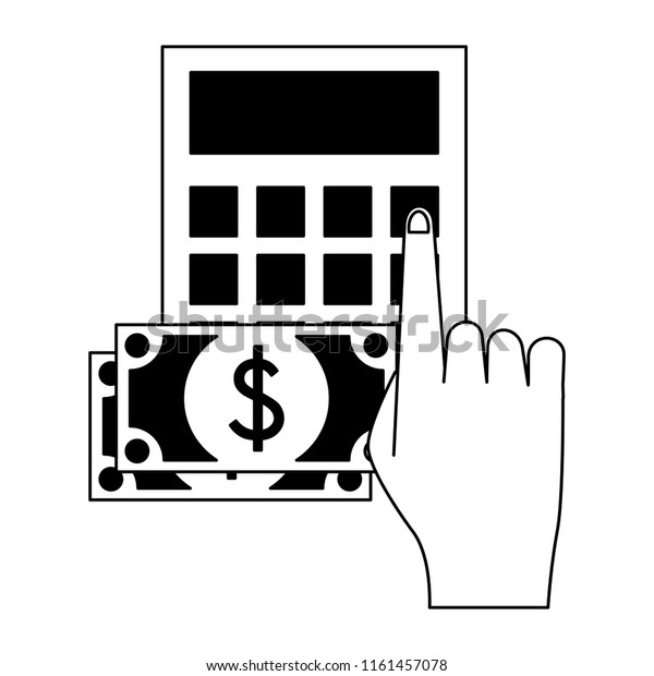 Hand with\
calculator and money in black and\
white