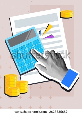 Hand with calculator, paper document and golden coins. Modern photo collage style. Vector illustration