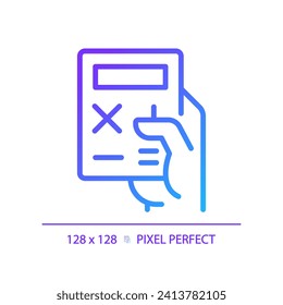 Hand with calculator pixel perfect gradient linear vector icon. Device for counting. Office and school digital tool. Thin line color symbol. Modern style pictogram. Vector isolated outline drawing
