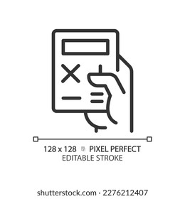 Hand with calculator pixel perfect linear icon. Electronic device for counting. Office and school digital tool. Thin line illustration. Contour symbol. Vector outline drawing. Editable stroke