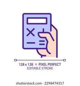 Hand with calculator pixel perfect RGB color icon. Electronic device for counting. Office and school digital tool. Isolated vector illustration. Simple filled line drawing. Editable stroke