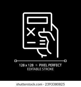 Hand with calculator pixel perfect white linear icon for dark theme. Electronic device for counting. Office and school tool. Thin line illustration. Isolated symbol for night mode. Editable stroke