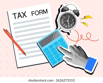 Hand with calculator, tax form, pen and ringing alarm clock with lightnings. Modern photo collage style. Vector illustration
