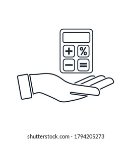 Mano y calculadora. Icono lineal vectorial aislado en fondo blanco.