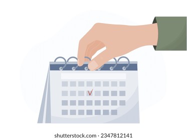 Mano con calendario, fecha de planificación en calendario, concepto de organizador personal, ilustración vectorial plana