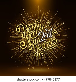 Hand calligraphic inscription on the New Year on a dark background. Golden abstract explosion of fireworks. Shimmering chaotic pieces of fireworks. Template for design projects.