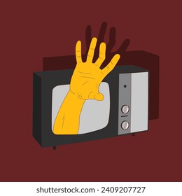 hand came out from inside the television. vector illustration