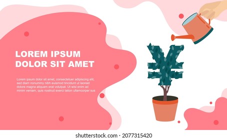 Hand with can watering money tree. Financial growth concept. Set of flat backgrounds for social media, banners, header for website, homepage. Vector flat illustration