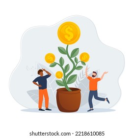 Mano con lata regando el árbol de dinero. Concepto de crecimiento financiero. Ilustración de Vectot