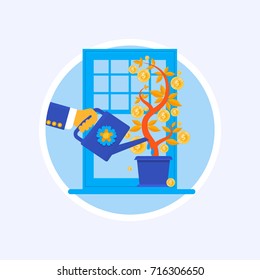 Hand with can watering money tree.Plant with gold coins.Money growth, investment, profit, financial management vector illustration in flat style.