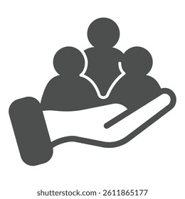 Hand with candidates group solid icon, design recruitment concept. Vector graphics. People crowd in hand, human recourse sign on white background, glyph style icon for mobile or web design