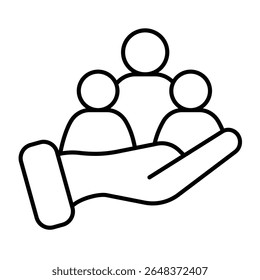 Hand with candidates group thin line icon, design recruitment concept. Vector graphics. People crowd in hand, human recourse sign on white background, style mobile or design