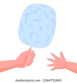 Hand with candy floss on white background. Hand giving the cotton candy to child hand.