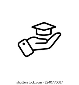 Hand and cap line icon. school. college, student, student, teacher, mind, online, teaching, learning, course. The concept of knowledge. Vector black line icon on white background svg