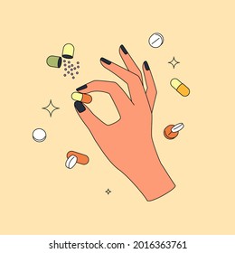 Hand mit Kapsel einzeln auf beigem Hintergrund. Design-Konzept für Pillen. Flat- und Umrissstil. weibliche Grafik.