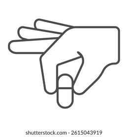 Hand with capsule thin line icon, pharmacy concept. Vector graphics. Taking drug, medicine sign on white background, outline style icon for mobile or web design