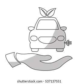 hand with car with electric plug icon over white background. eco friendly car. vector illustration