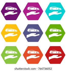Hand and car icon set many color hexahedron isolated on white vector illustration