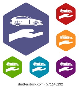 Hand and car icons set rhombus in different colors isolated on white background