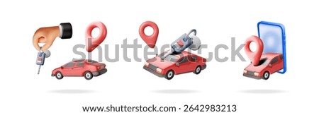 Hand with car key, key in car, car with map pin and smartphone app. Rental vehicle, insurance, buy, sell concept.