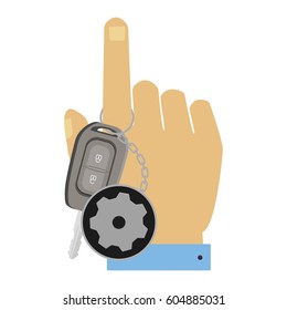 Hand with car key pointing to top. Flat vector illustration isolated on white background