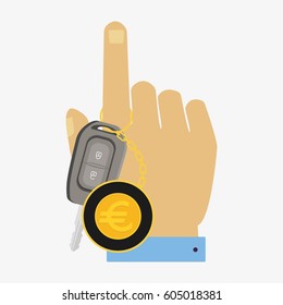 Hand with car key pointing to top. Flat vector illustration isolated on white background