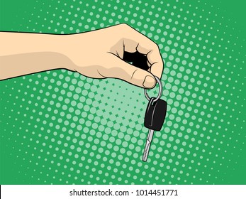 Hand with a car key. Vector illustration. Pop art style