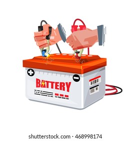 Hand of car mechanic uses battery jumper to charge a  battery - vector illustration svg