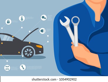 Hand of car mechanic with wrench. Auto repair garage. svg