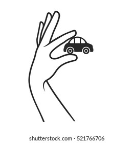 Hand with Car on White Background. Sale or Buy Icon. Vector
