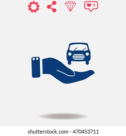 Hand and car vector icon on grey background.