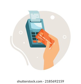Hand with card. Payment methods in store, financial literacy. Character applies bank card to terminal. Cashless transfers, electronic money. Modern technologies. Cartoon flat vector illustration