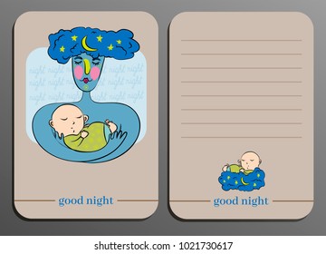 Hand a card with the sleeping baby. Night holds on the child's hands. Beige background. With the place for your signature. Vector.